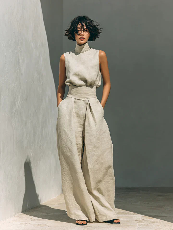Flor™ | Conjunto minimalista de camiseta sin mangas y pantalones de pierna ancha en algodón y lino para mujer