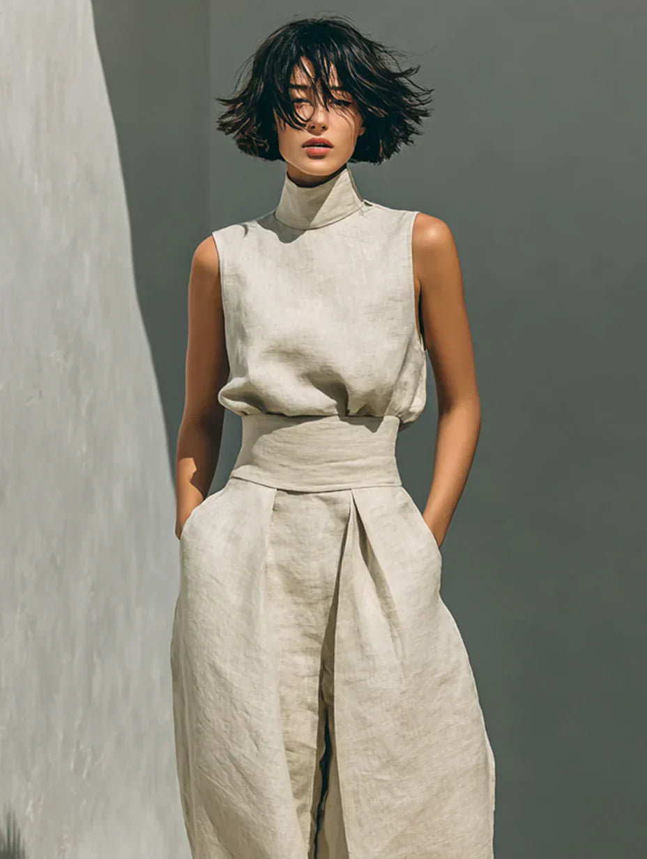 Flor™ | Conjunto minimalista de camiseta sin mangas y pantalones de pierna ancha en algodón y lino para mujer