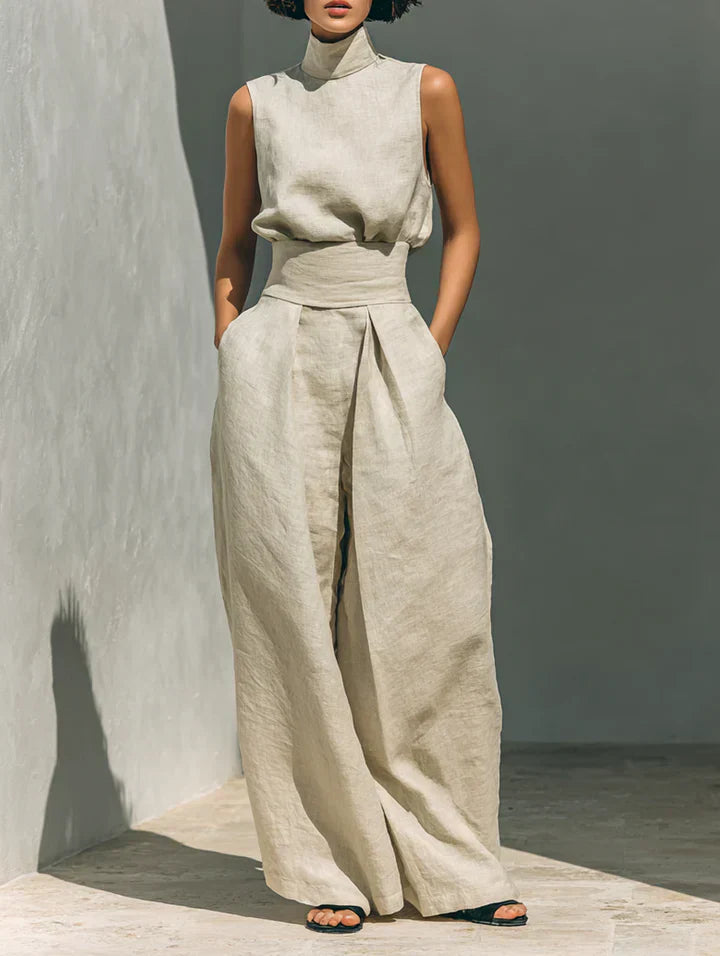 Flor™ | Conjunto minimalista de camiseta sin mangas y pantalones de pierna ancha en algodón y lino para mujer