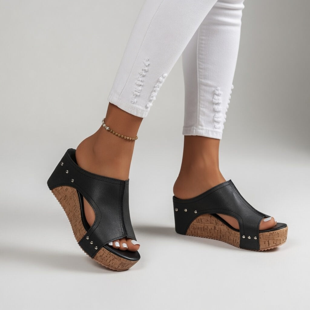 Guillemette™ — Mule de plataforma de corcho tachonada, aire bohemio