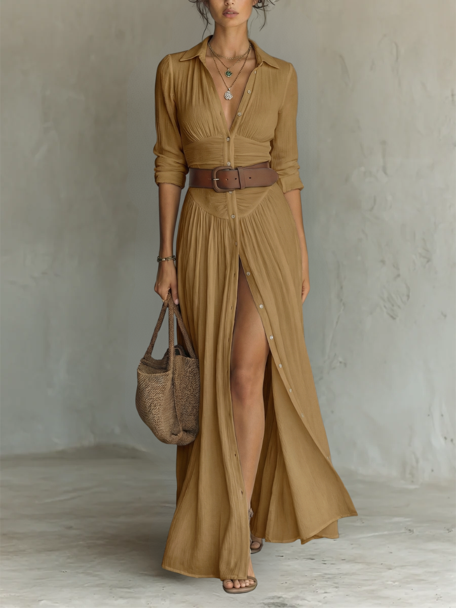 Amélia™ — Vestido maxi elegante con cuello tipo solapa