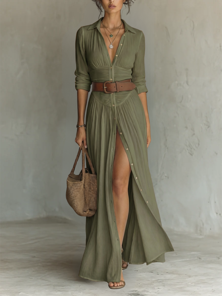 Amélia™ — Vestido maxi elegante con cuello tipo solapa