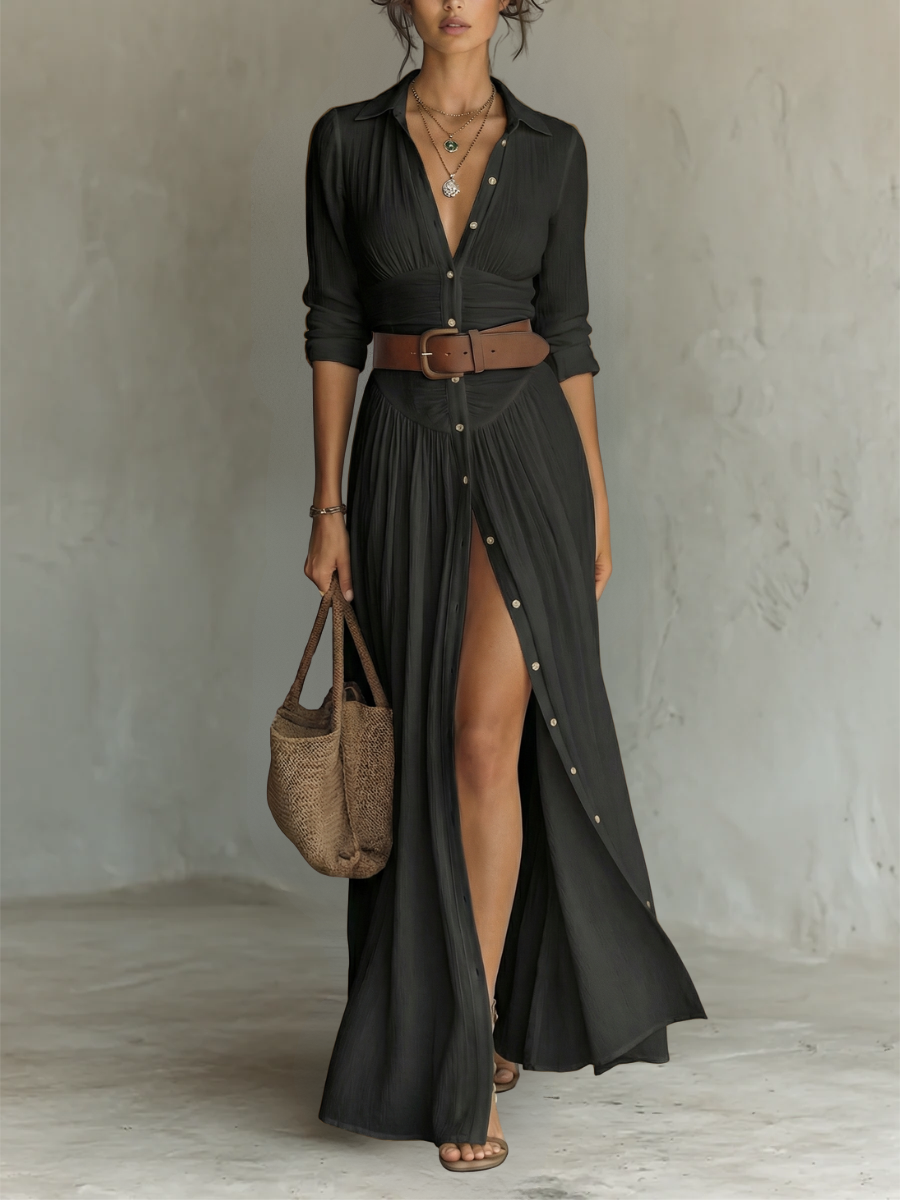Amélia™ — Vestido maxi elegante con cuello tipo solapa