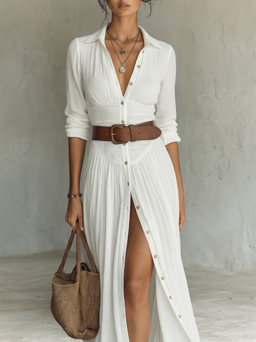 Amélia™ — Vestido maxi elegante con cuello tipo solapa