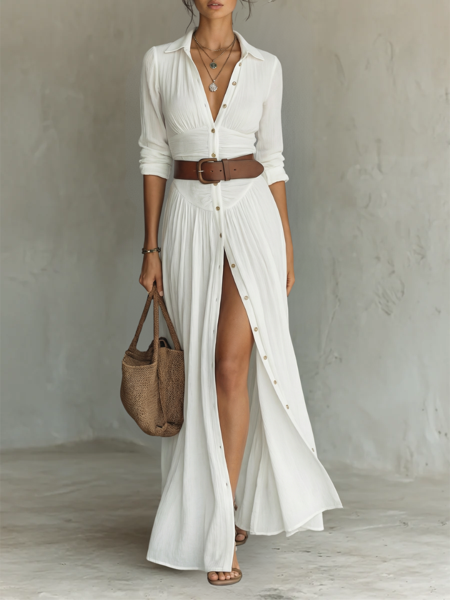 Amélia™ — Vestido maxi elegante con cuello tipo solapa
