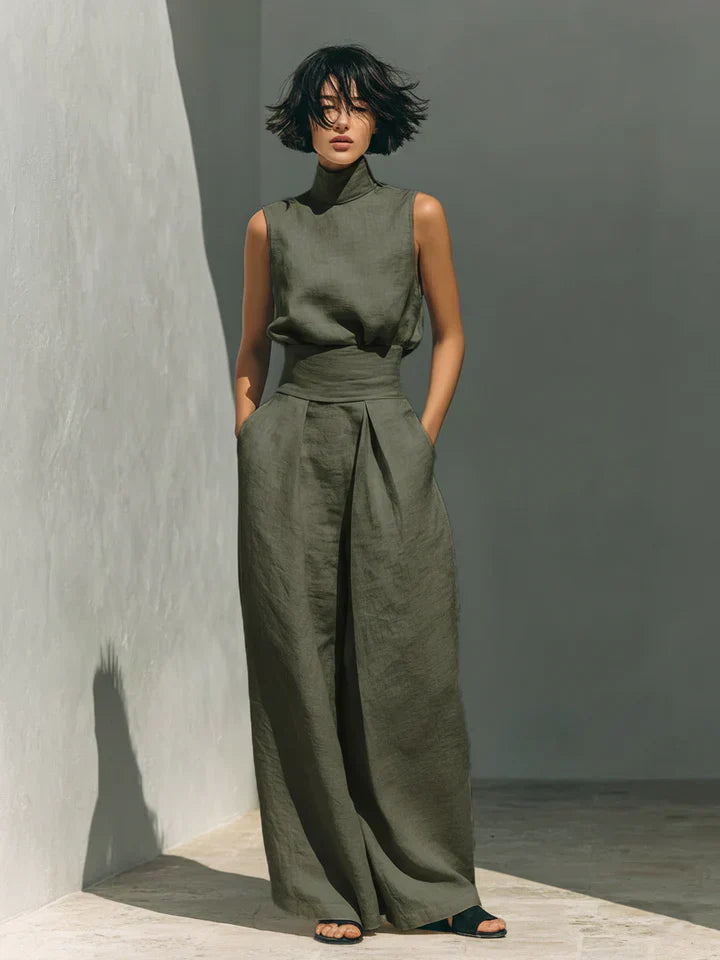 Flor™ | Conjunto minimalista de camiseta sin mangas y pantalones de pierna ancha en algodón y lino para mujer