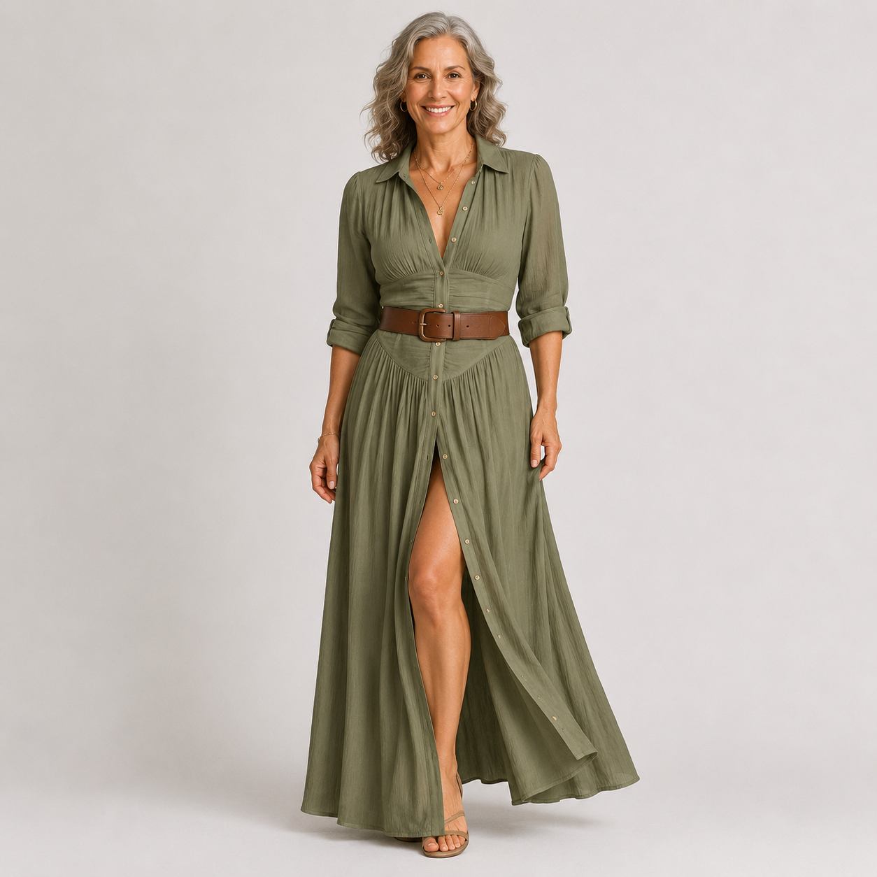 Lelivilia™ | Vestido Maxi Largo con Cuello de Solapa con Muesca
