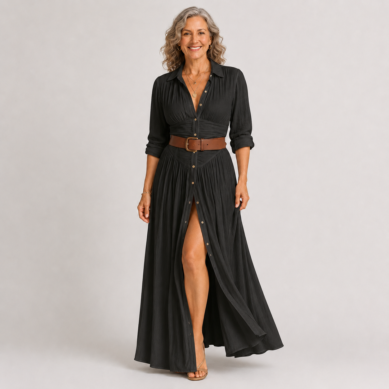 Lelivilia™ | Vestido Maxi Largo con Cuello de Solapa con Muesca