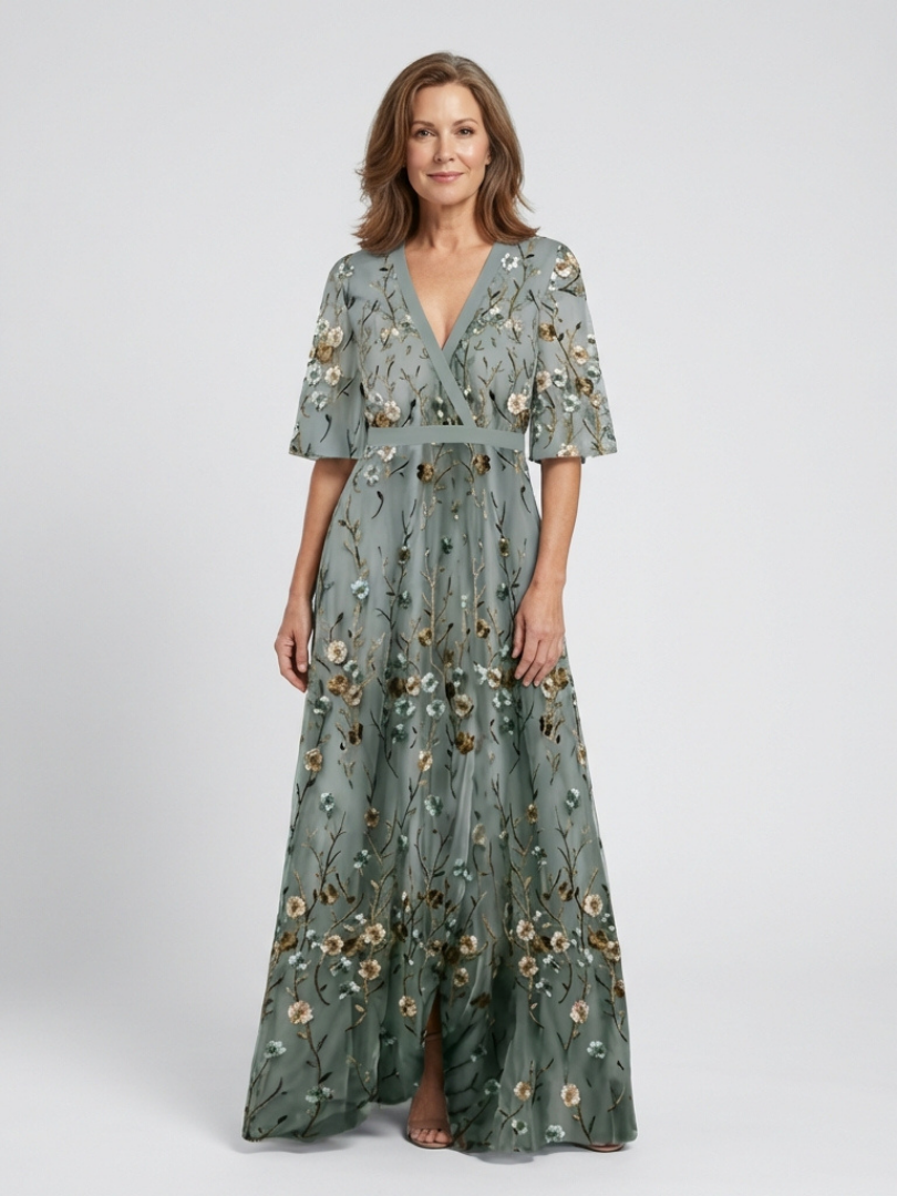 Evadne | Vestido maxi floral con escote en V de manga corta