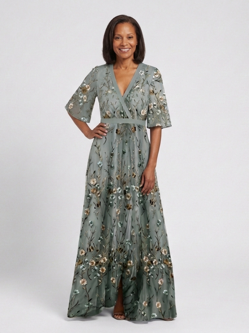 Evadne | Vestido maxi floral con escote en V de manga corta