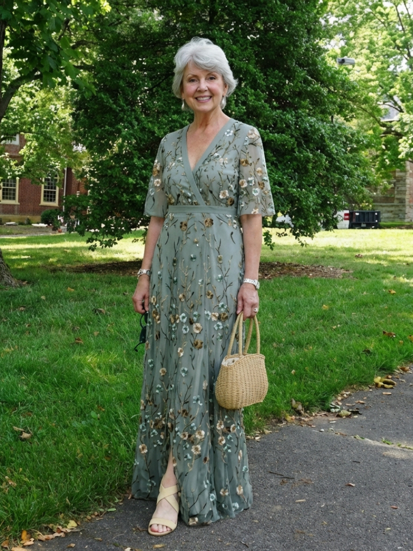 Evadne | Vestido maxi floral con escote en V de manga corta