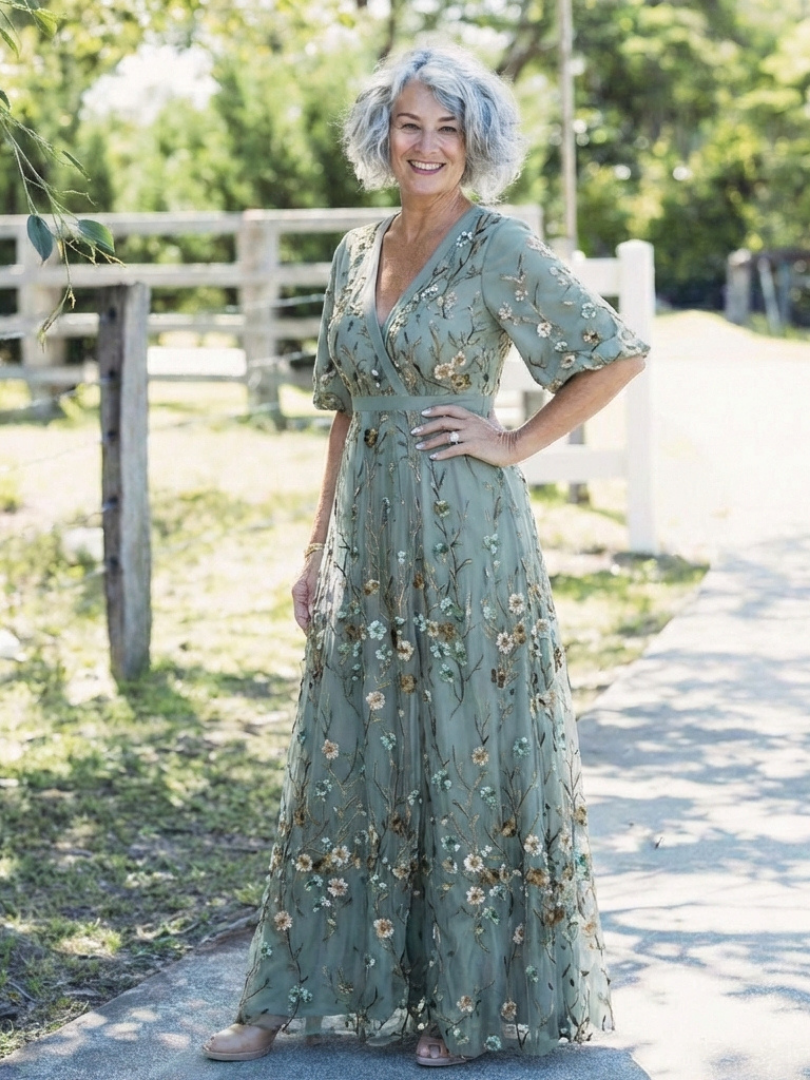 Evadne | Vestido maxi floral con escote en V de manga corta